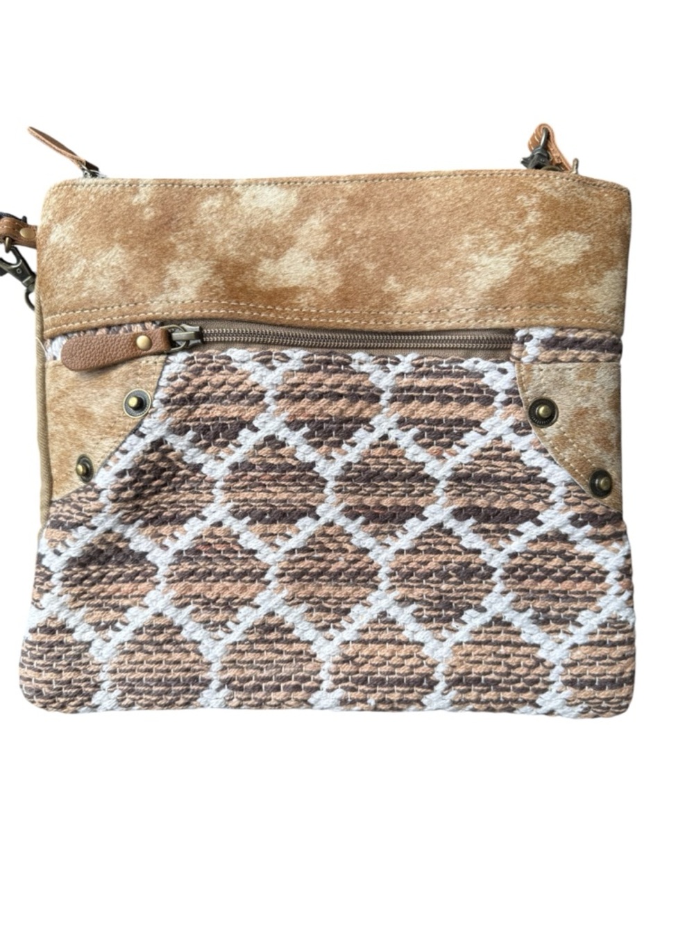 NWT  Hair on Hide & Leather Neutral Tan Patterned Crossbody Bag